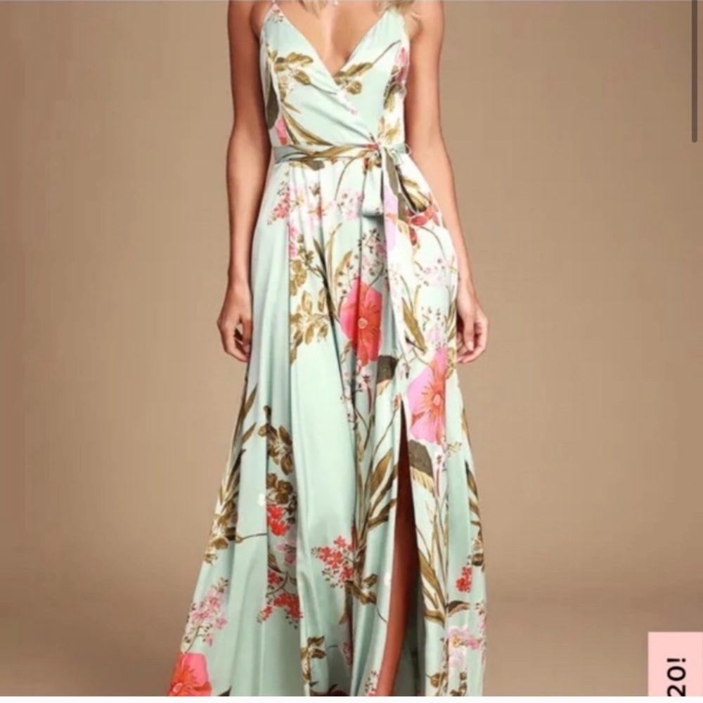 Lulu's Still The One Green and Pink Wrap Tie Front Maxi Dress